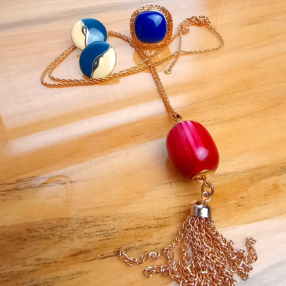 Patriotic Jewelry Lot Sarah Cov Pendant Necklace, Clips, Blue Chalcedony Ring - Picture 2 of 8